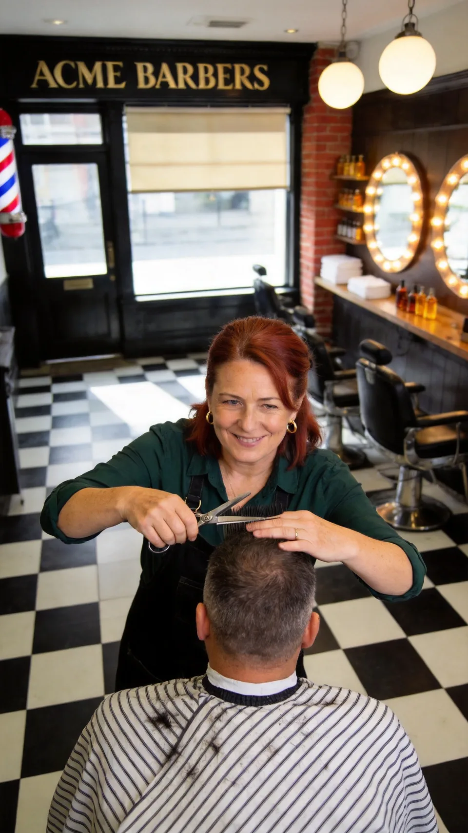 Sue giving a scissor-over-comb cut at Acme Barbers