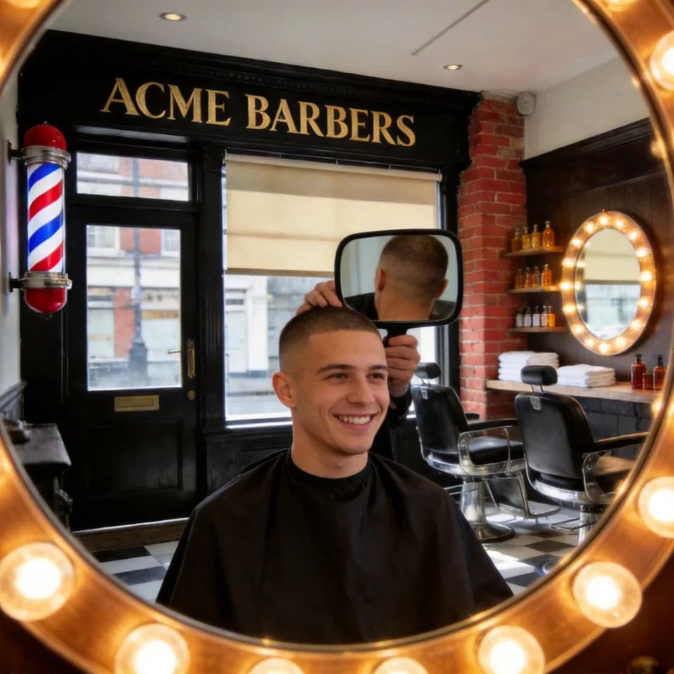 A happy customer checking his fresh fade in the mirror