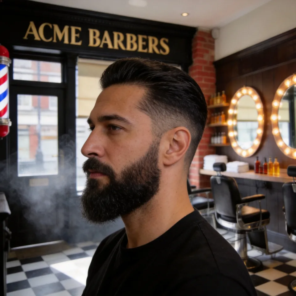 A sharply sculpted full beard