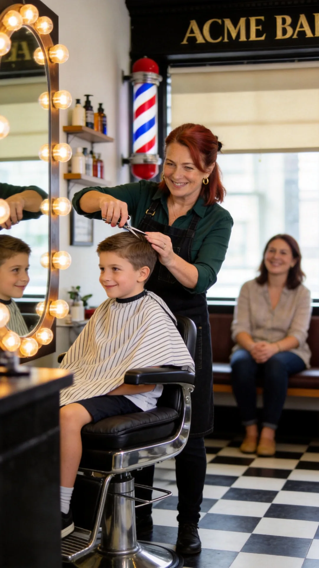 A gentle child's haircut in the chair at Acme Barbers