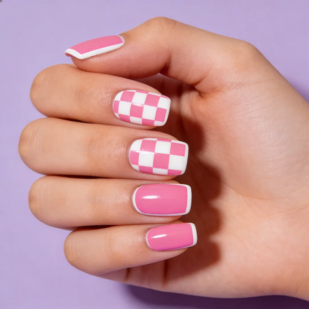 Colour wall - pink and white checkerboard nails