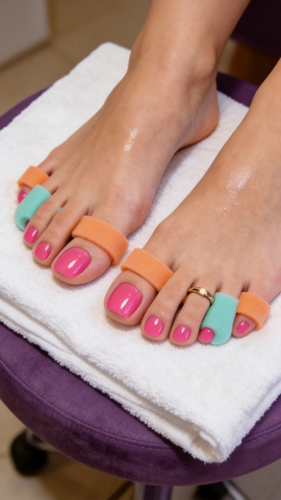 Gel Pedicure - glossy toes with candy toe separators
