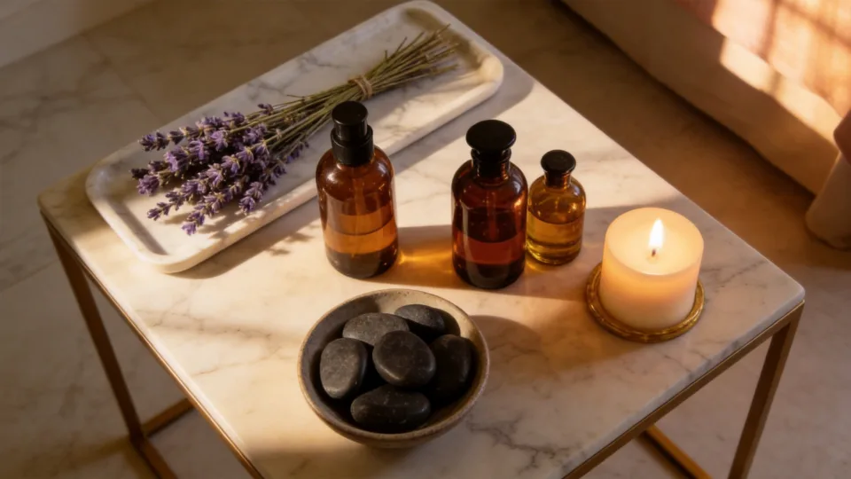 Warm oils and hot stones on a marble tray