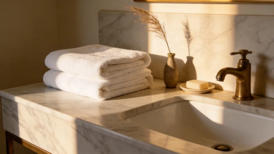 Fresh towels on the marble washstand