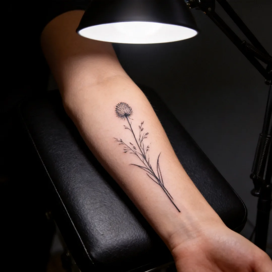 Healed work - fine-line botanical forearm piece