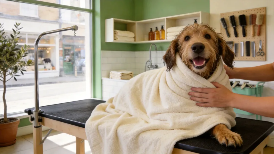 A happy dog wrapped in a warm towel