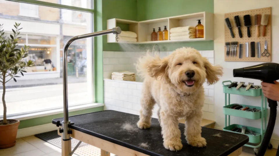 A fluffy coat being blow-dried