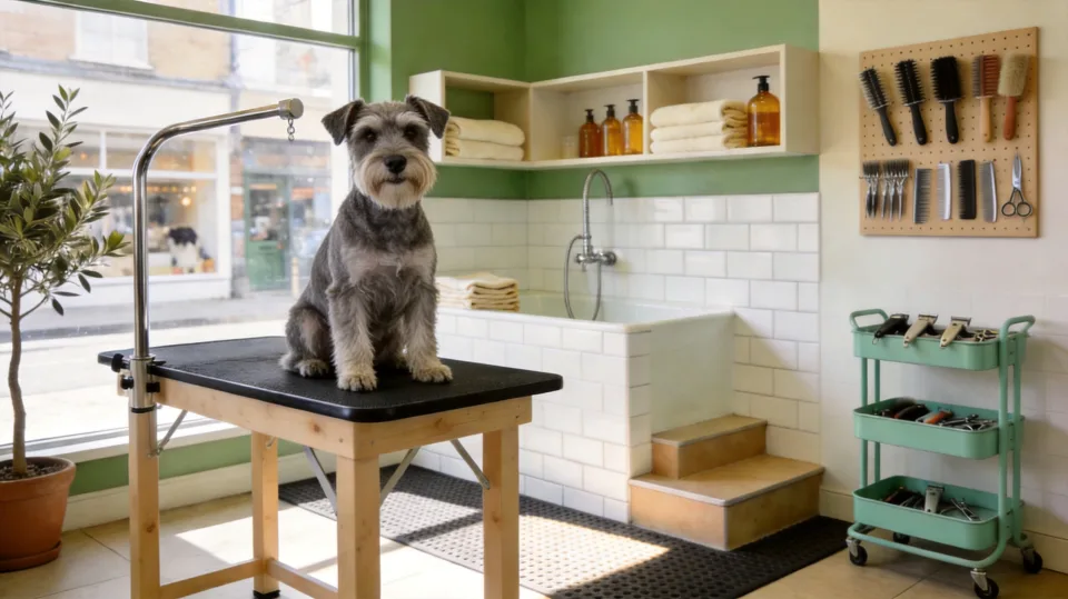 A freshly groomed schnauzer on the table