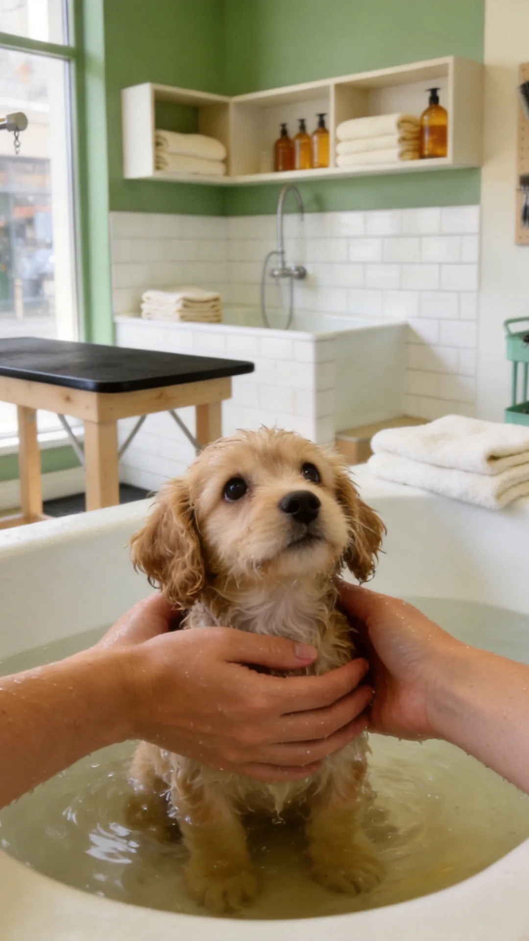 A puppy's first bath
