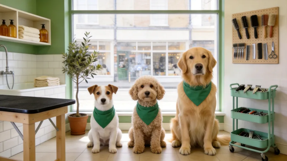 Three freshly groomed dogs in bandanas