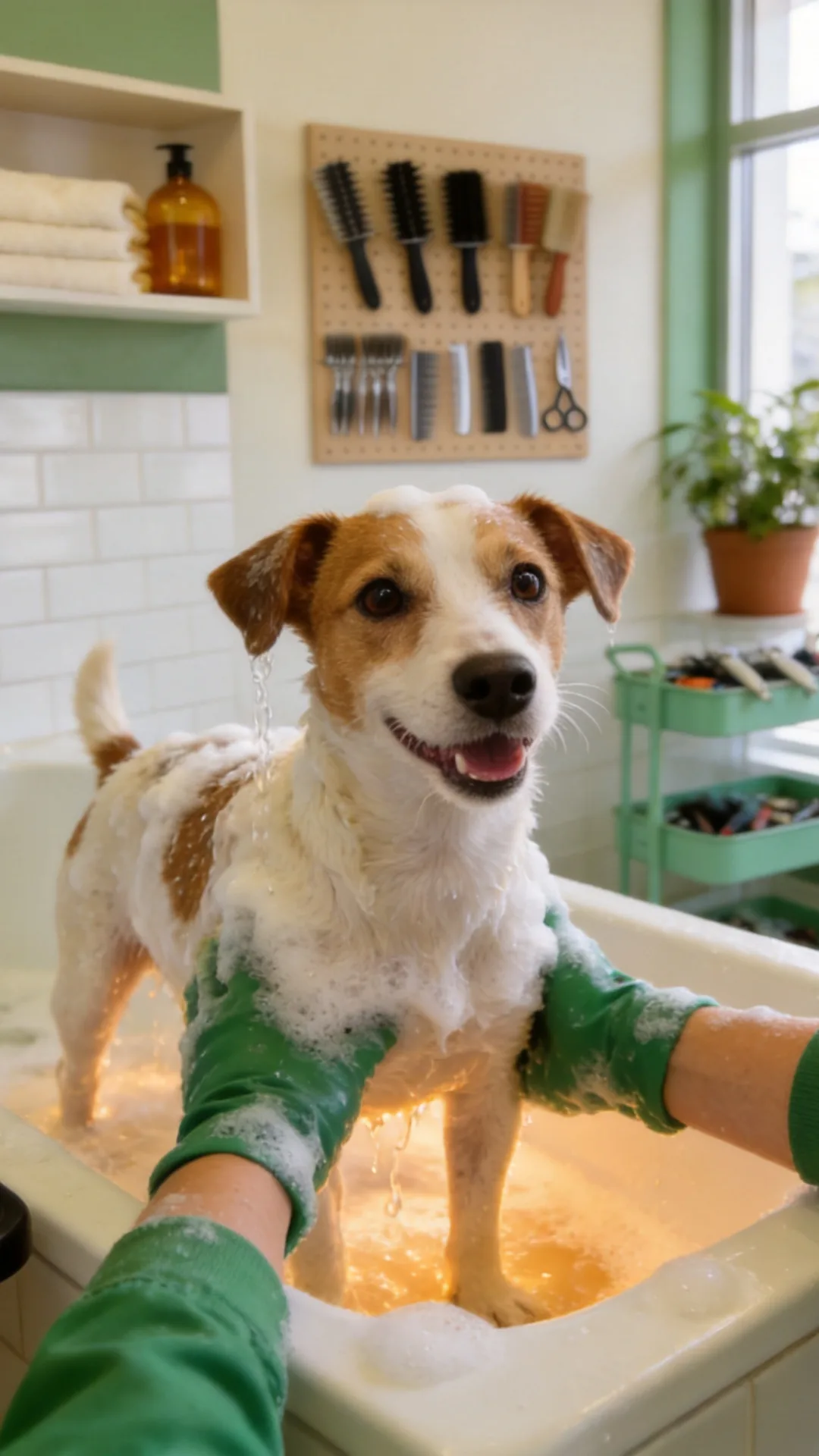 A small dog being bathed in warm suds