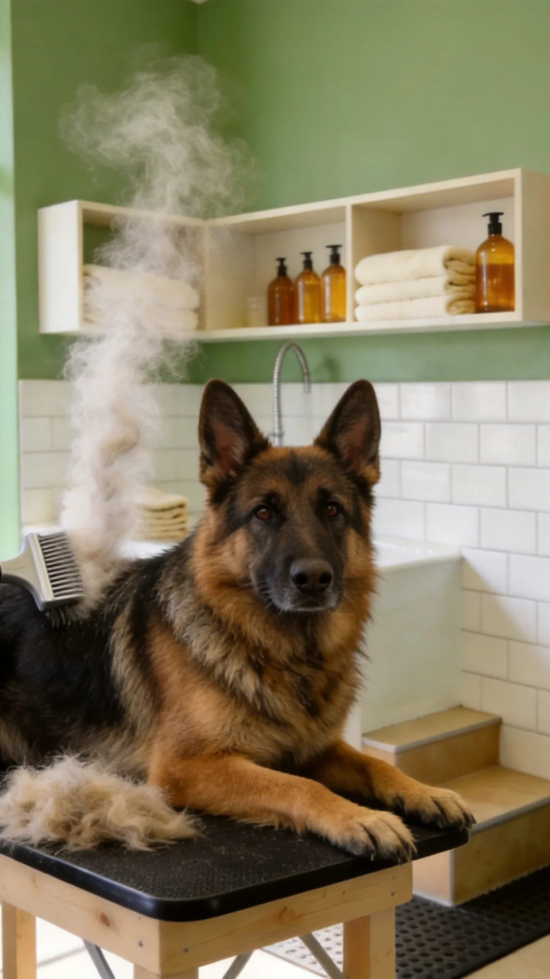 A de-shed treatment on a thick double coat