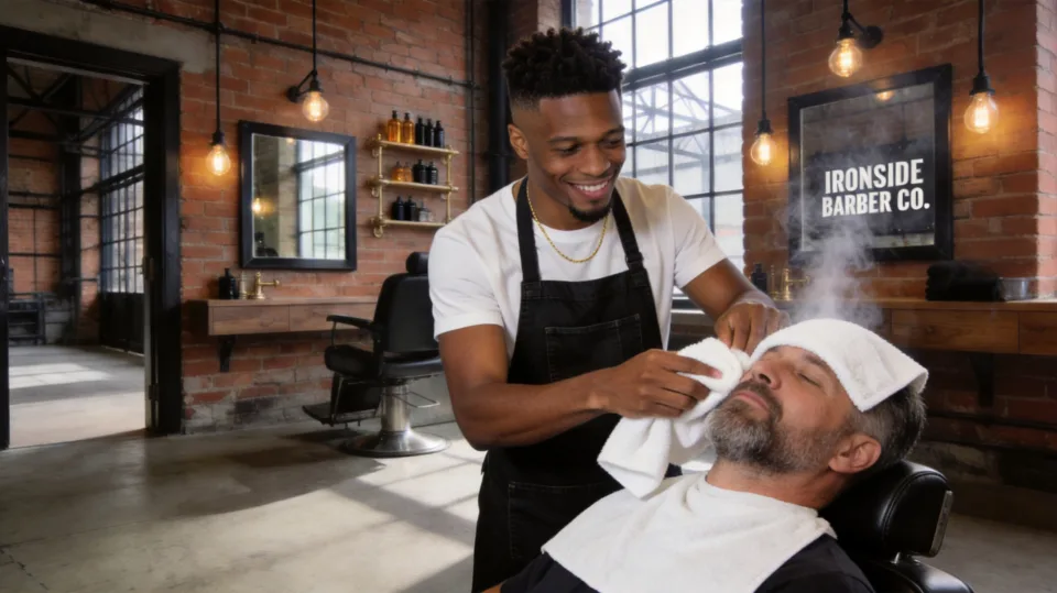 Marcus giving a hot-towel shave at Ironside Barber Co.