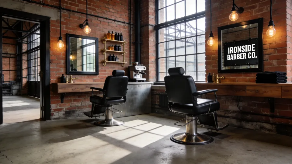 Inside Ironside Barber Co. — two chairs, brick and steel