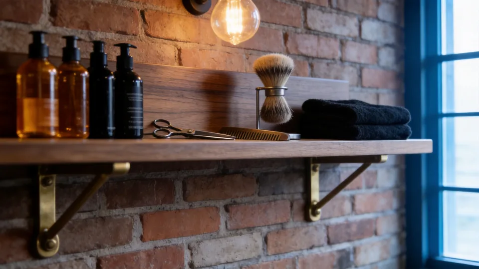 The back-bar at Ironside Barber Co. — tools and product